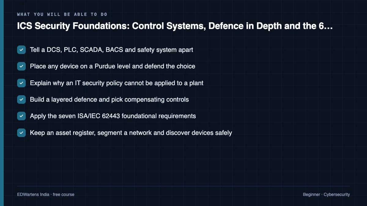 ICS Security Foundations: Control Systems, Defence in Depth and the 62443 Requirements: What you will be able to do