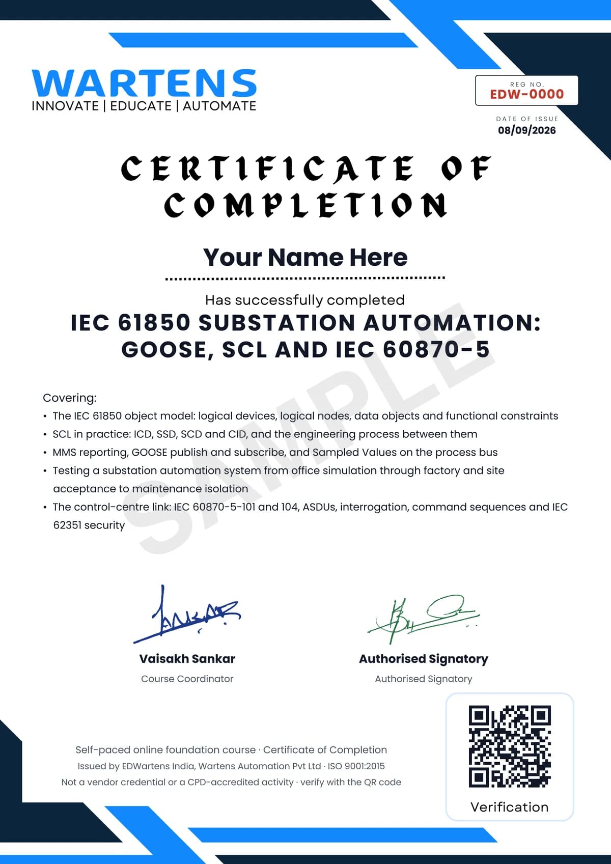 Sample EDWartens Certificate of Completion for IEC 61850 Substation Automation: GOOSE, SCL and IEC 60870-5