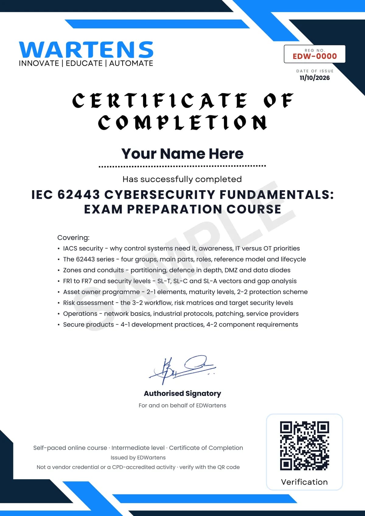 Sample EDWartens Certificate of Completion for IEC 62443 Cybersecurity Fundamentals Exam Prep