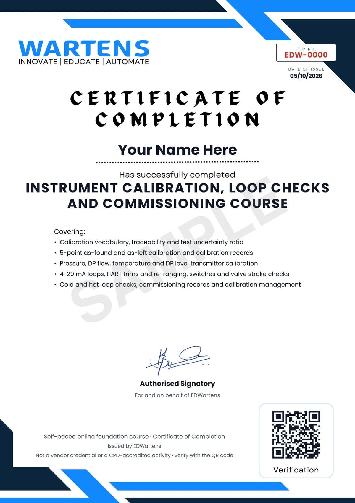 Sample EDWartens Certificate of Completion for Instrument Calibration, Loop Checks and Commissioning