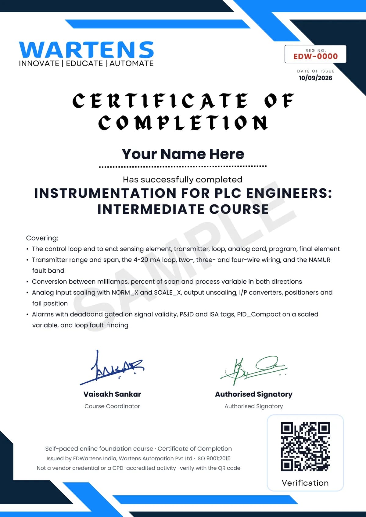 Sample EDWartens Certificate of Completion for Instrumentation for PLC Engineers