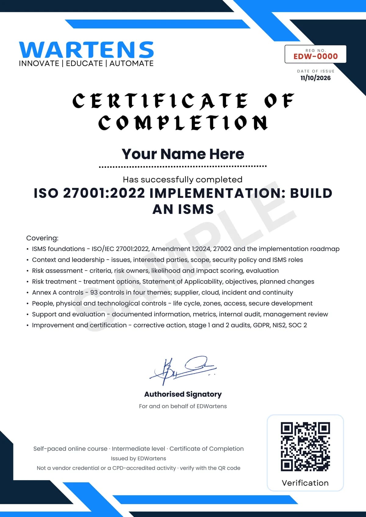 Sample EDWartens Certificate of Completion for ISO 27001:2022 Implementation: Build an ISMS