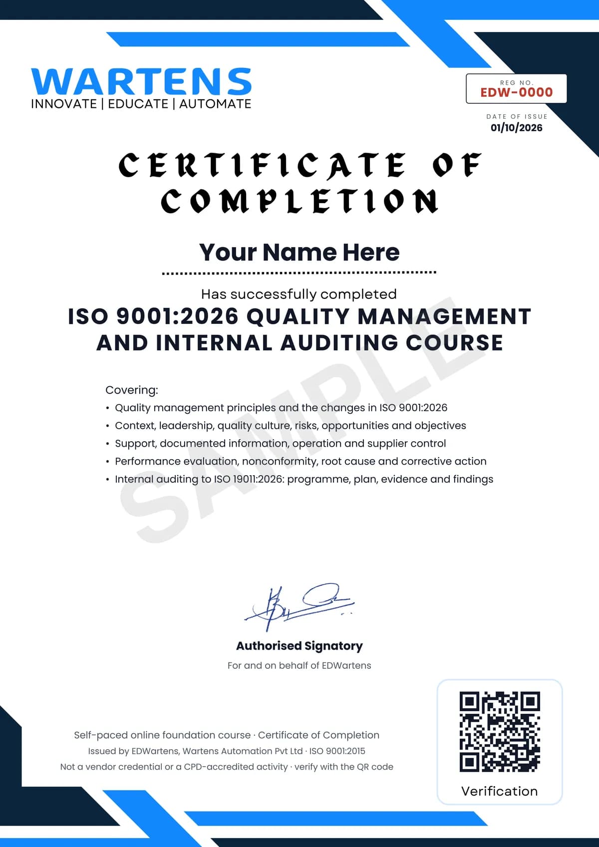Sample EDWartens Certificate of Completion for ISO 9001:2026 Quality Management and Internal Auditing