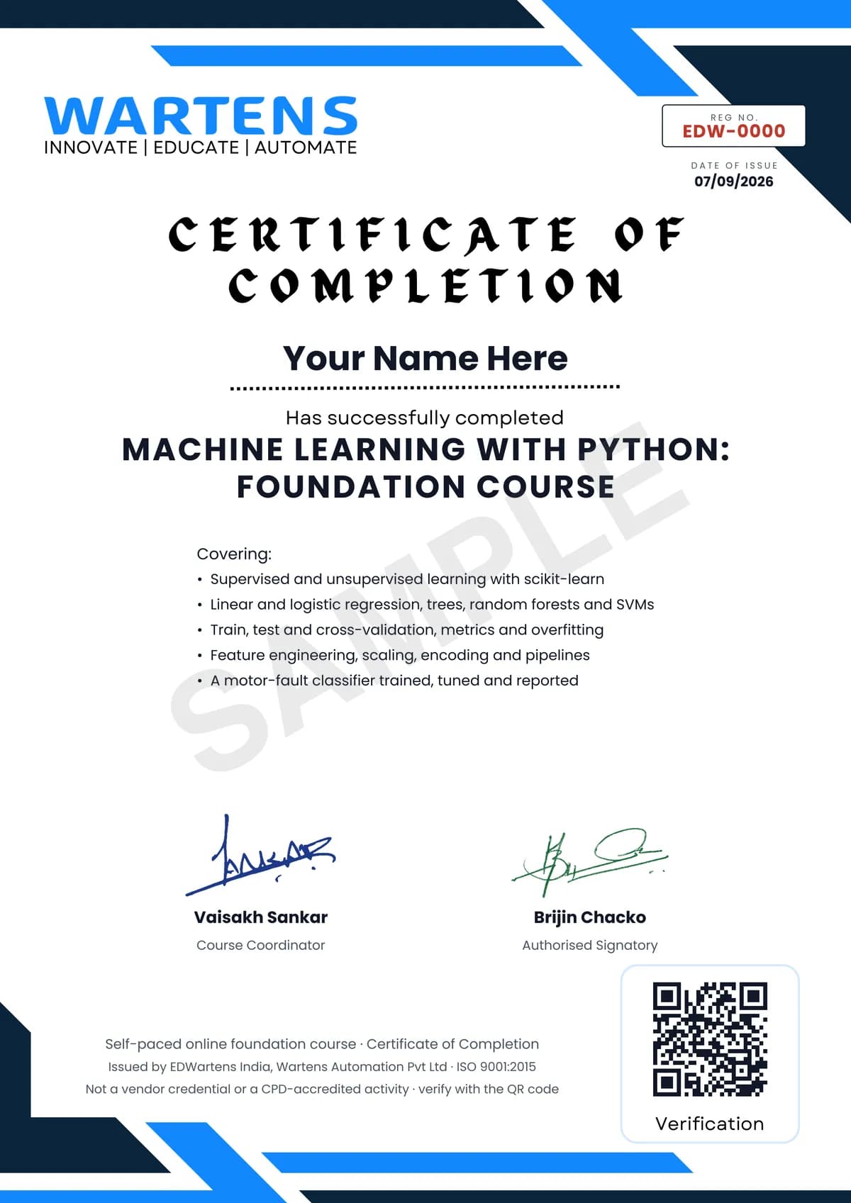 Sample EDWartens Certificate of Completion for Machine Learning with Python