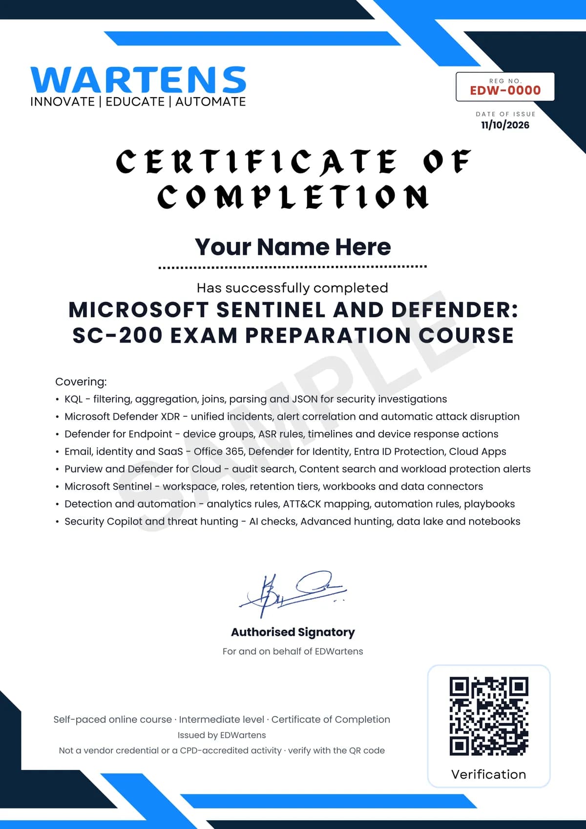 Sample EDWartens Certificate of Completion for Microsoft Sentinel and Defender: SC-200 Exam Prep