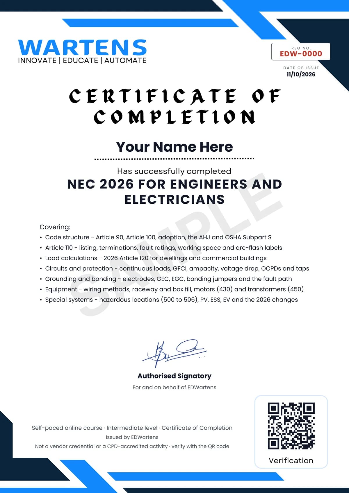 Sample EDWartens Certificate of Completion for NEC 2026 for Engineers and Electricians