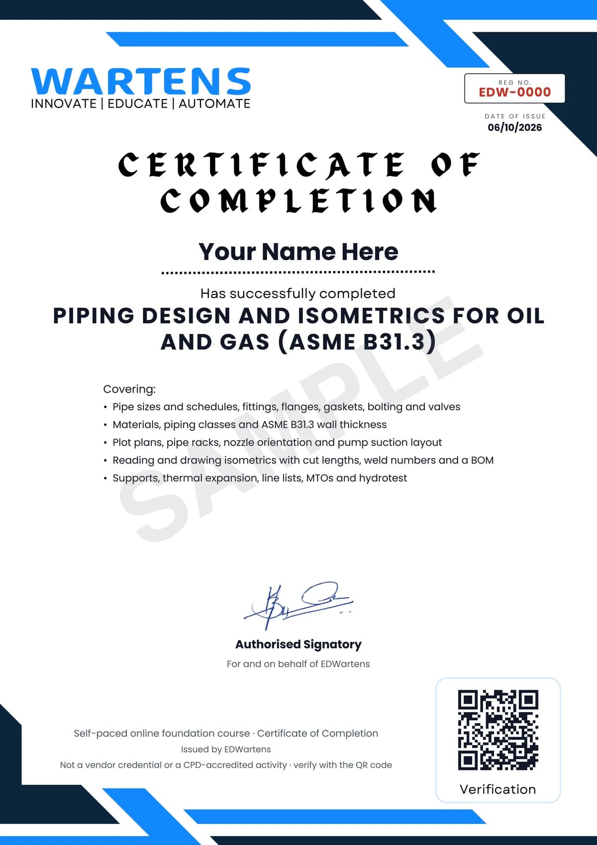 Sample EDWartens Certificate of Completion for Piping Design and Isometrics for Oil and Gas (ASME B31.3)