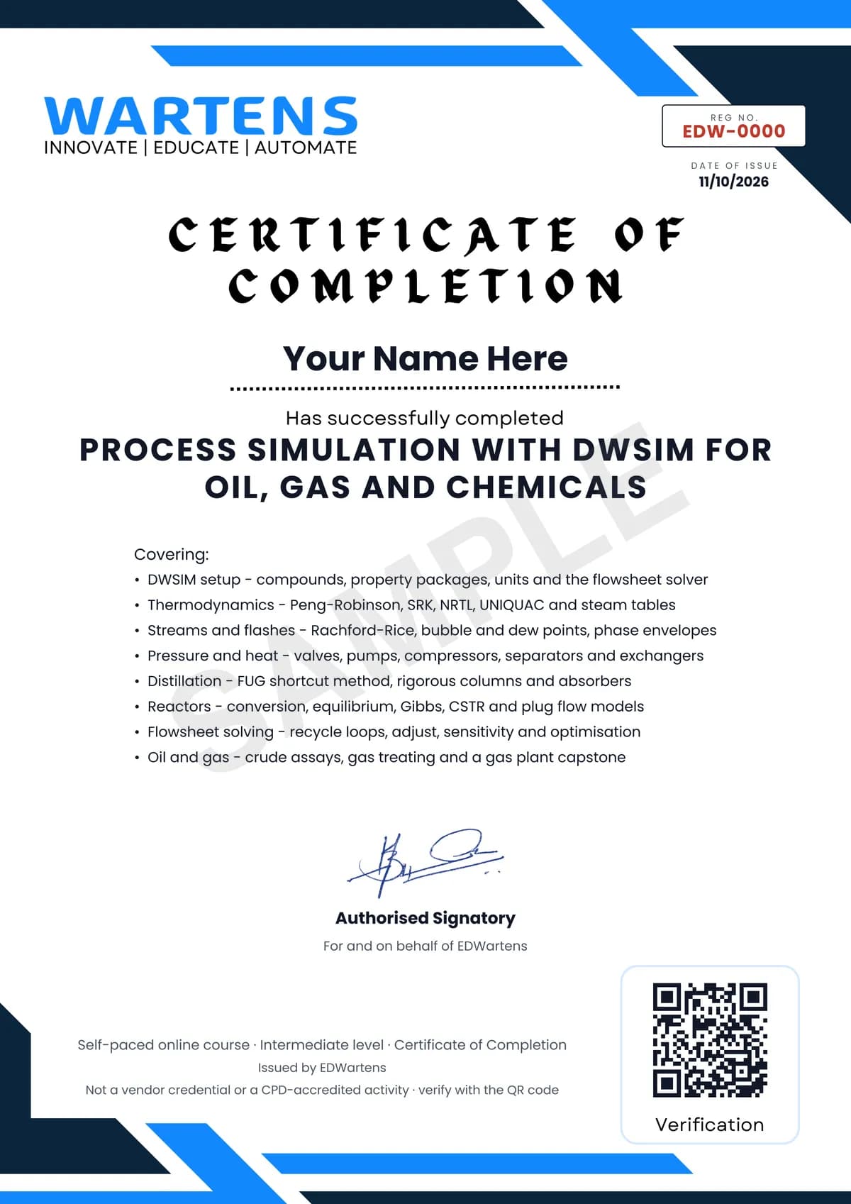 Sample EDWartens Certificate of Completion for Process Simulation with DWSIM for Oil, Gas and Chemicals