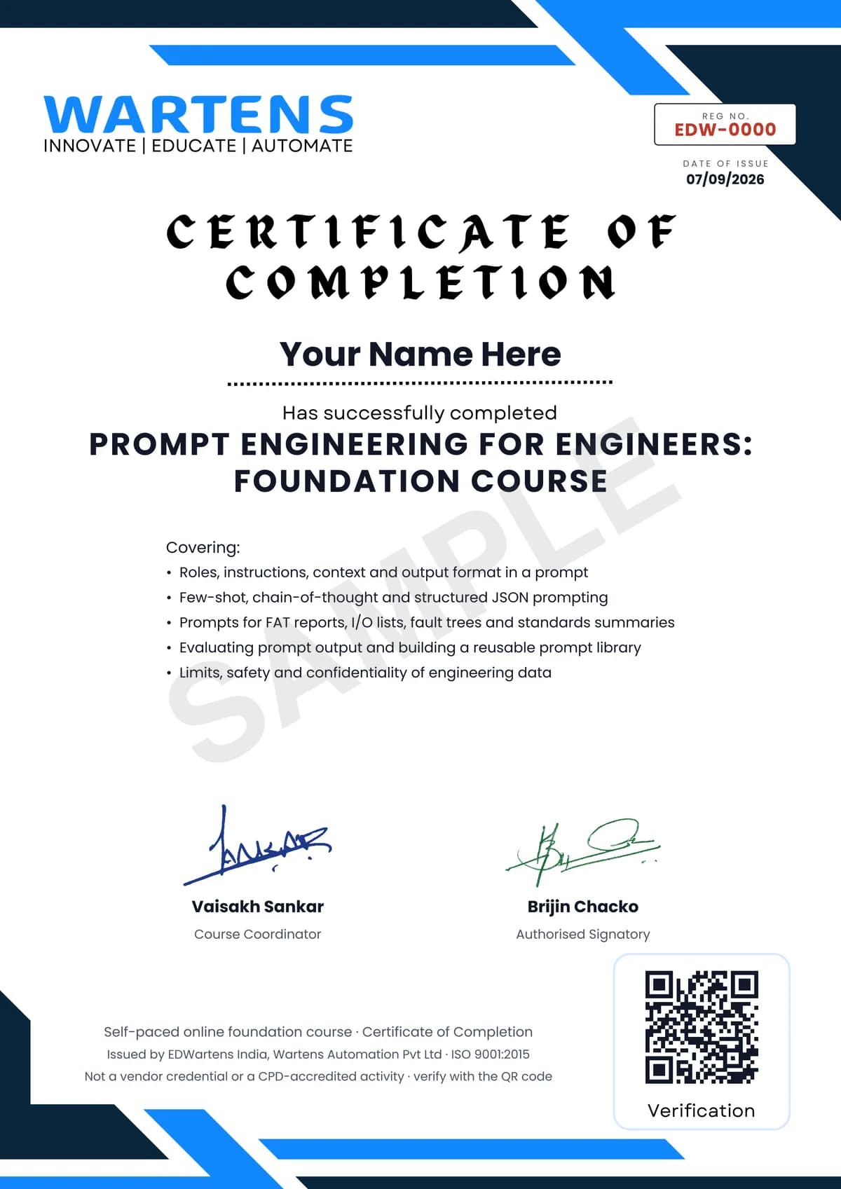Sample EDWartens Certificate of Completion for Prompt Engineering for Engineers