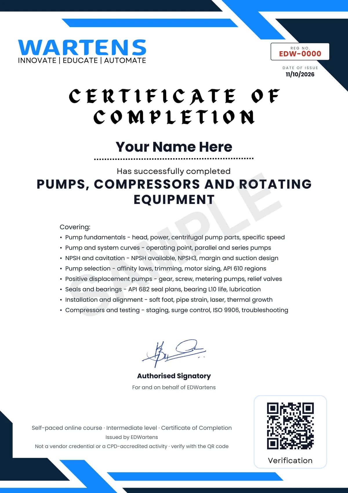 Sample EDWartens Certificate of Completion for Pumps, Compressors and Rotating Equipment