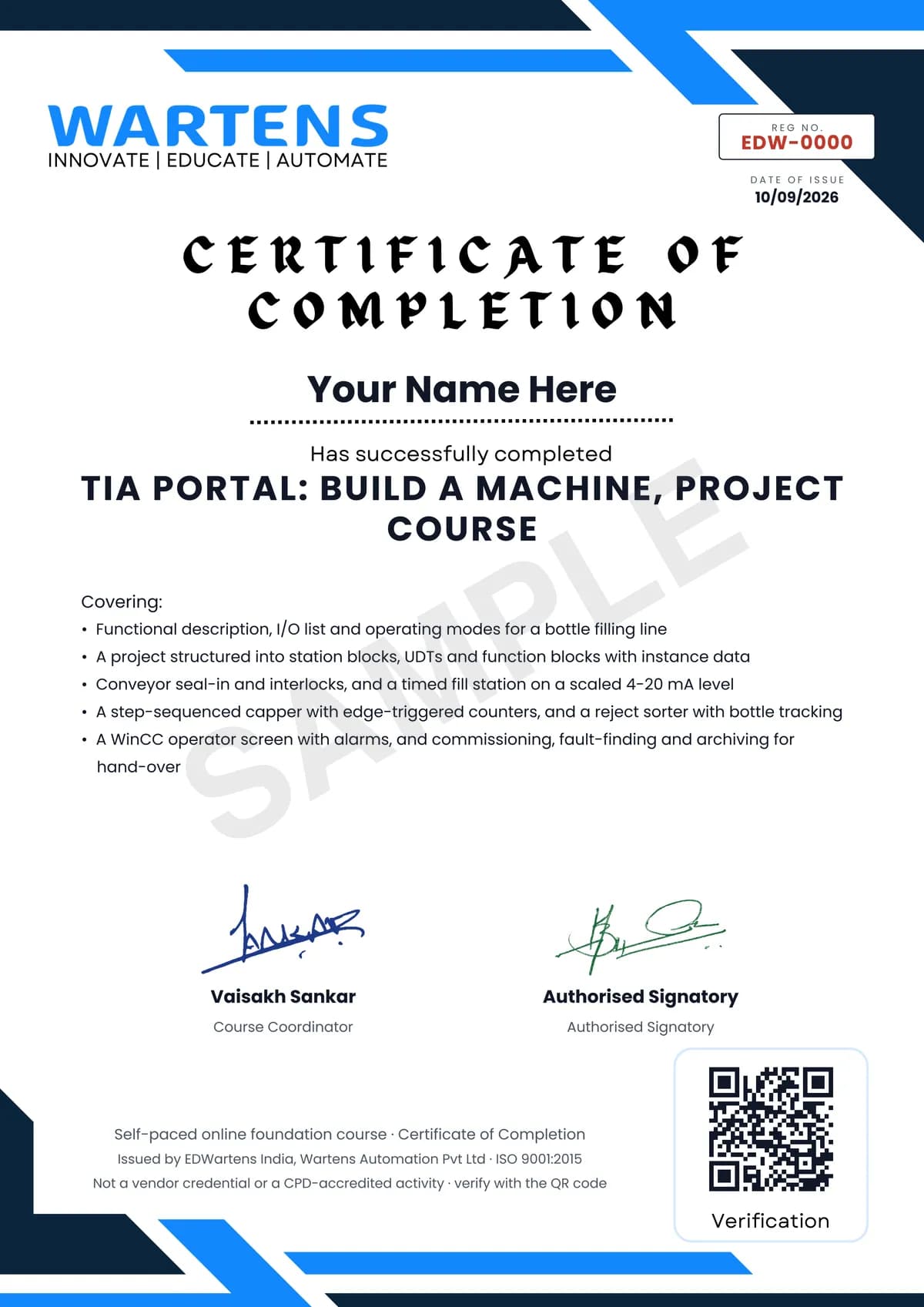 Sample EDWartens Certificate of Completion for TIA Portal: Build a Machine