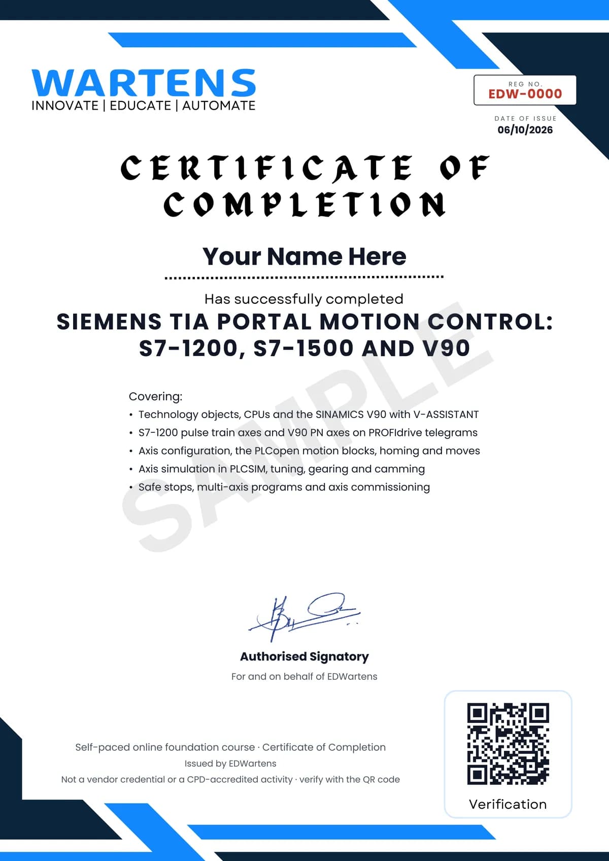 Sample EDWartens Certificate of Completion for Siemens TIA Portal Motion Control: S7-1200, S7-1500 and V90
