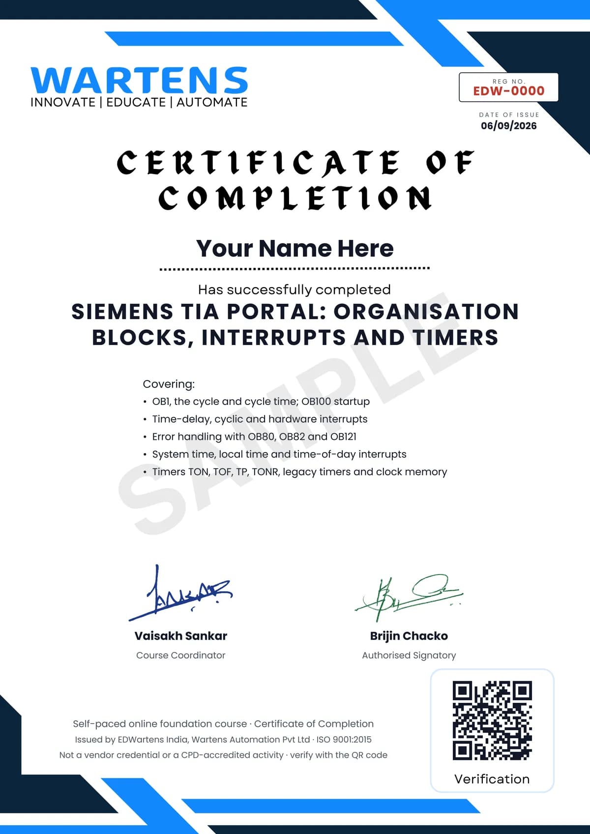 Sample EDWartens Certificate of Completion for Siemens TIA Portal: Organisation Blocks, Interrupts and Timers