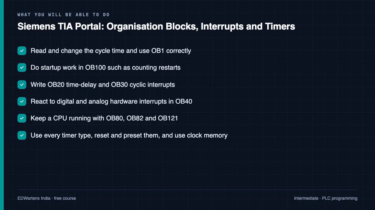 Siemens TIA Portal: Organisation Blocks, Interrupts and Timers: What you will be able to do