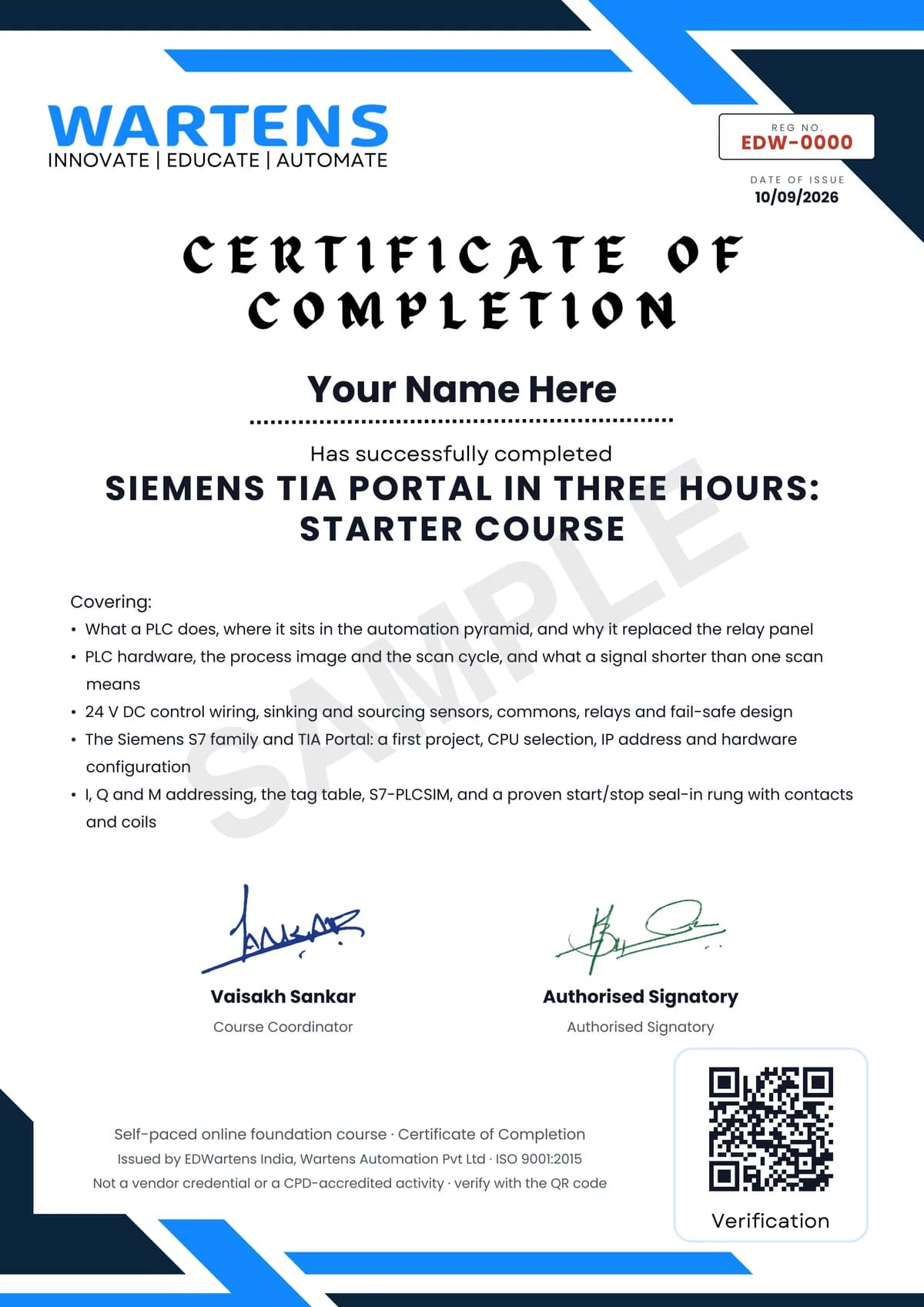 Sample EDWartens Certificate of Completion for Siemens TIA Portal in Three Hours