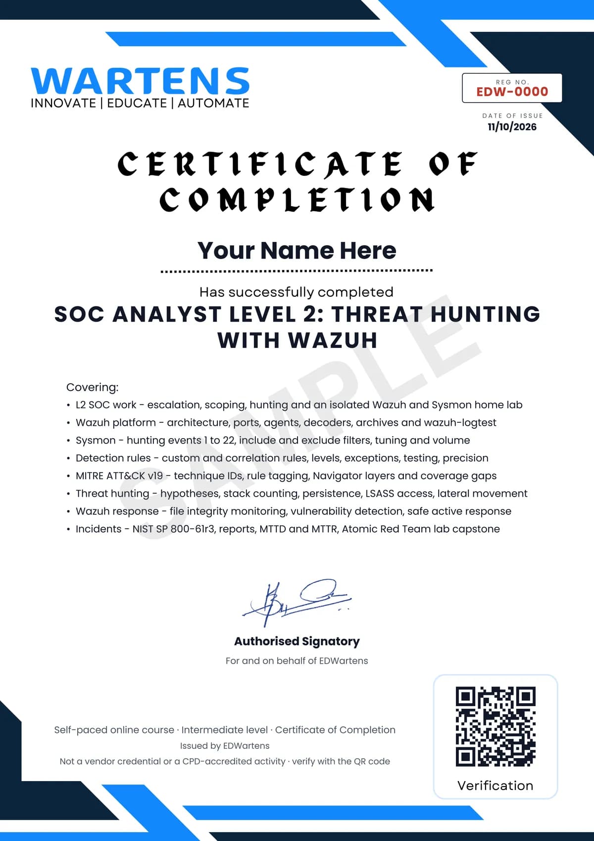 Sample EDWartens Certificate of Completion for SOC Analyst Level 2: Threat Hunting with Wazuh