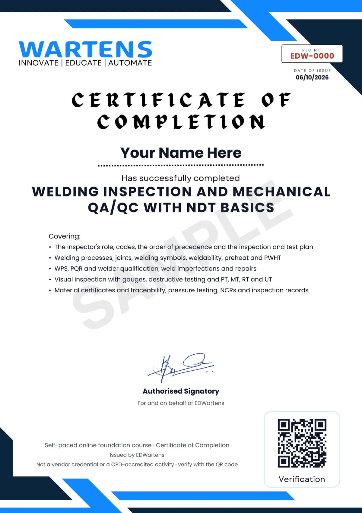 Sample EDWartens Certificate of Completion for Welding Inspection and Mechanical QA/QC with NDT Basics