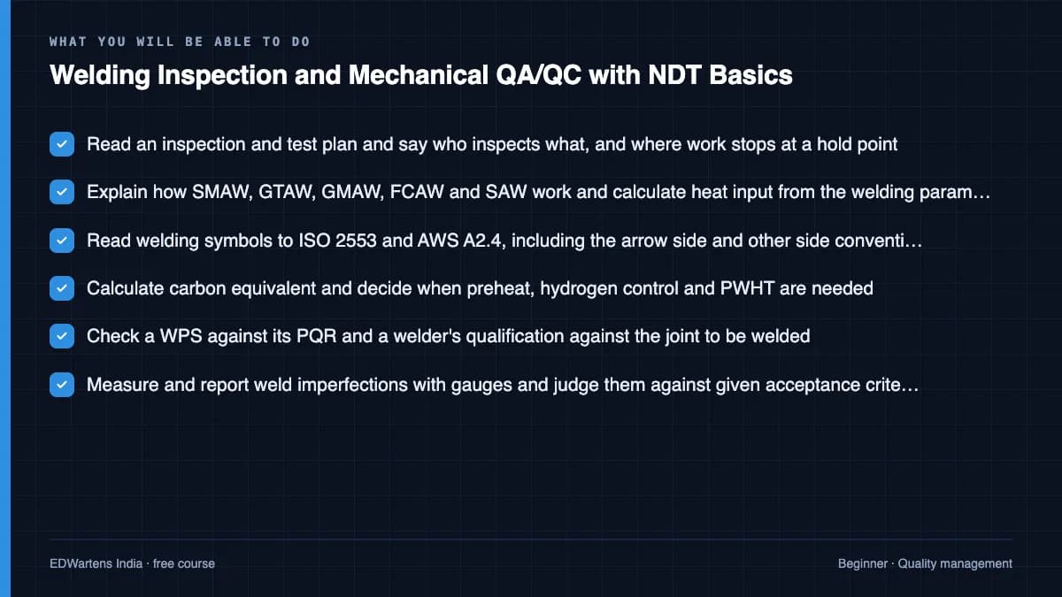 Welding Inspection and Mechanical QA/QC with NDT Basics: What you will be able to do
