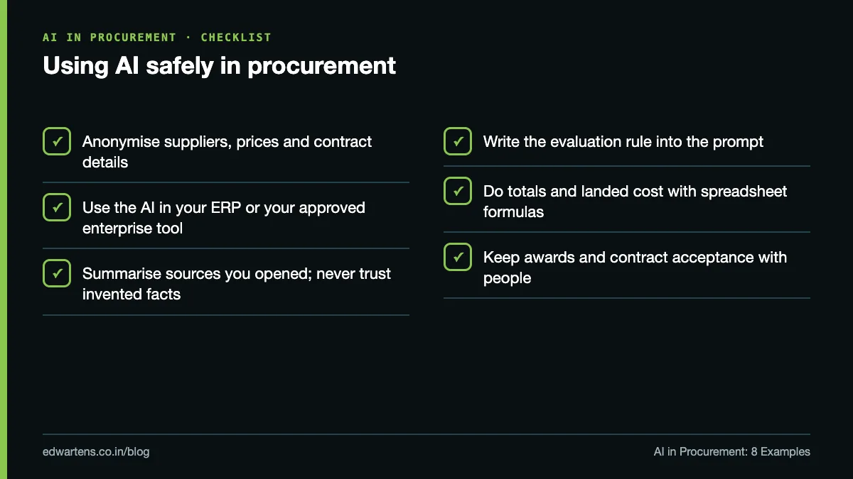 Checklist for using AI safely in procurement: anonymise, use approved tools, verify sources, check maths, keep decisions