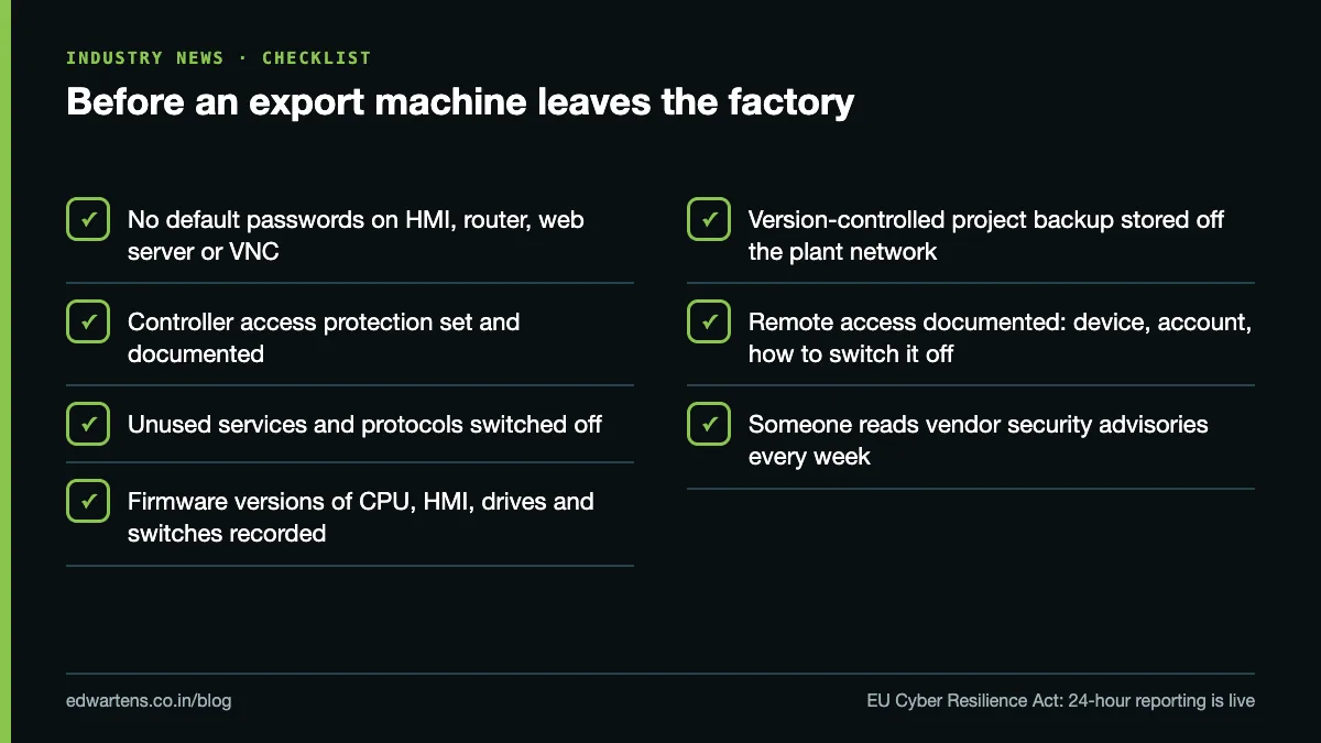Checklist for PLC and HMI engineers working on machines exported to the EU