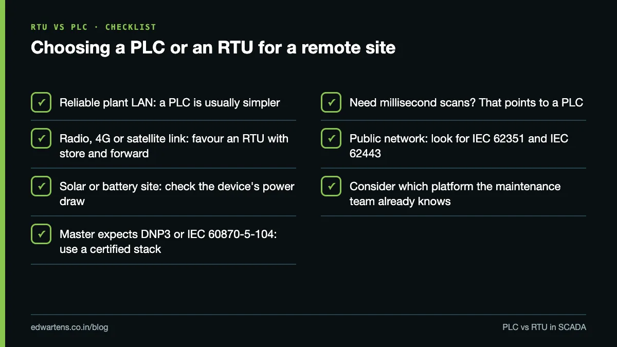 Checklist for choosing between a PLC and an RTU for a remote site